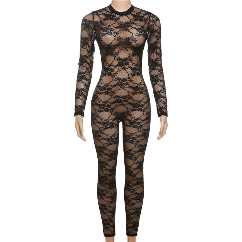 Women's Spring Summer Style Street Sexy See-Through Round Neck Long Sleeve Lace Tight Fitting Jumpsuit 7
