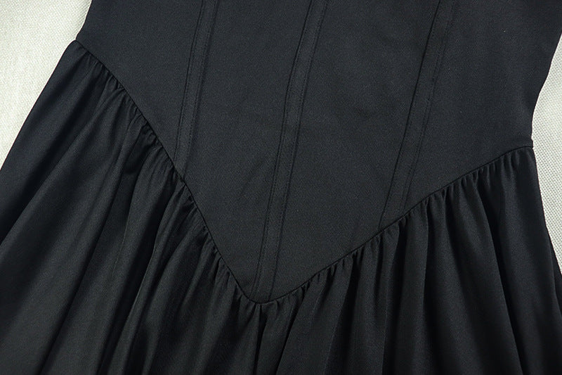 Women's Elegant Chic Solid Slim-Waist Pleated Halter Neck V-Neck Short Dress 14