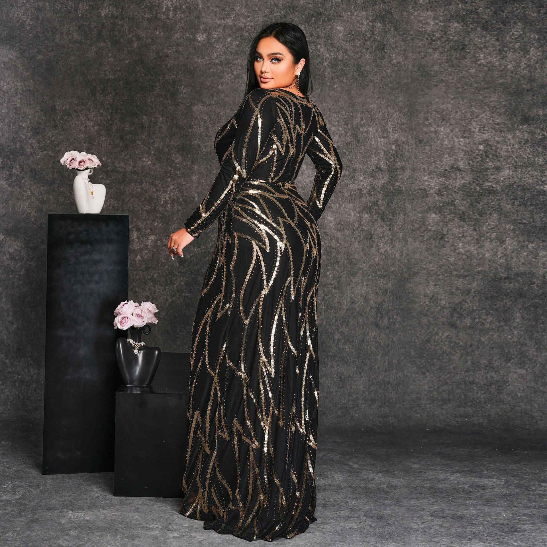 Plus Size Women's Long Sleeve Round Neck Formal Party Sexy Sequin Evening Dress 4