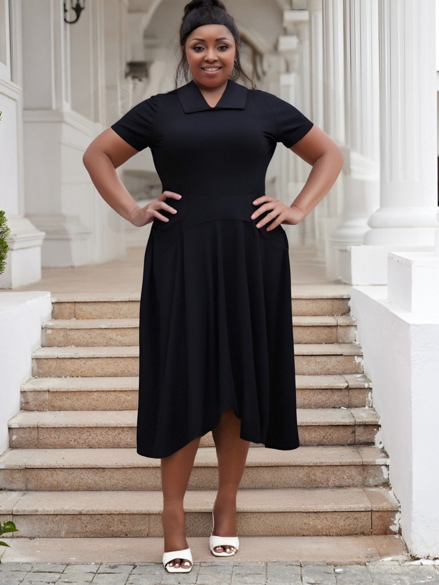 Plus Size Women Turndown Collar Irregular Elegant Dress 11