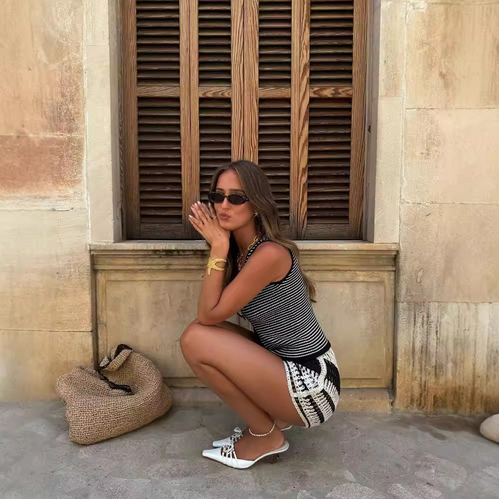 Women Striped Flower V-Neck Slit Sleeveless Knitting Vest Top 5