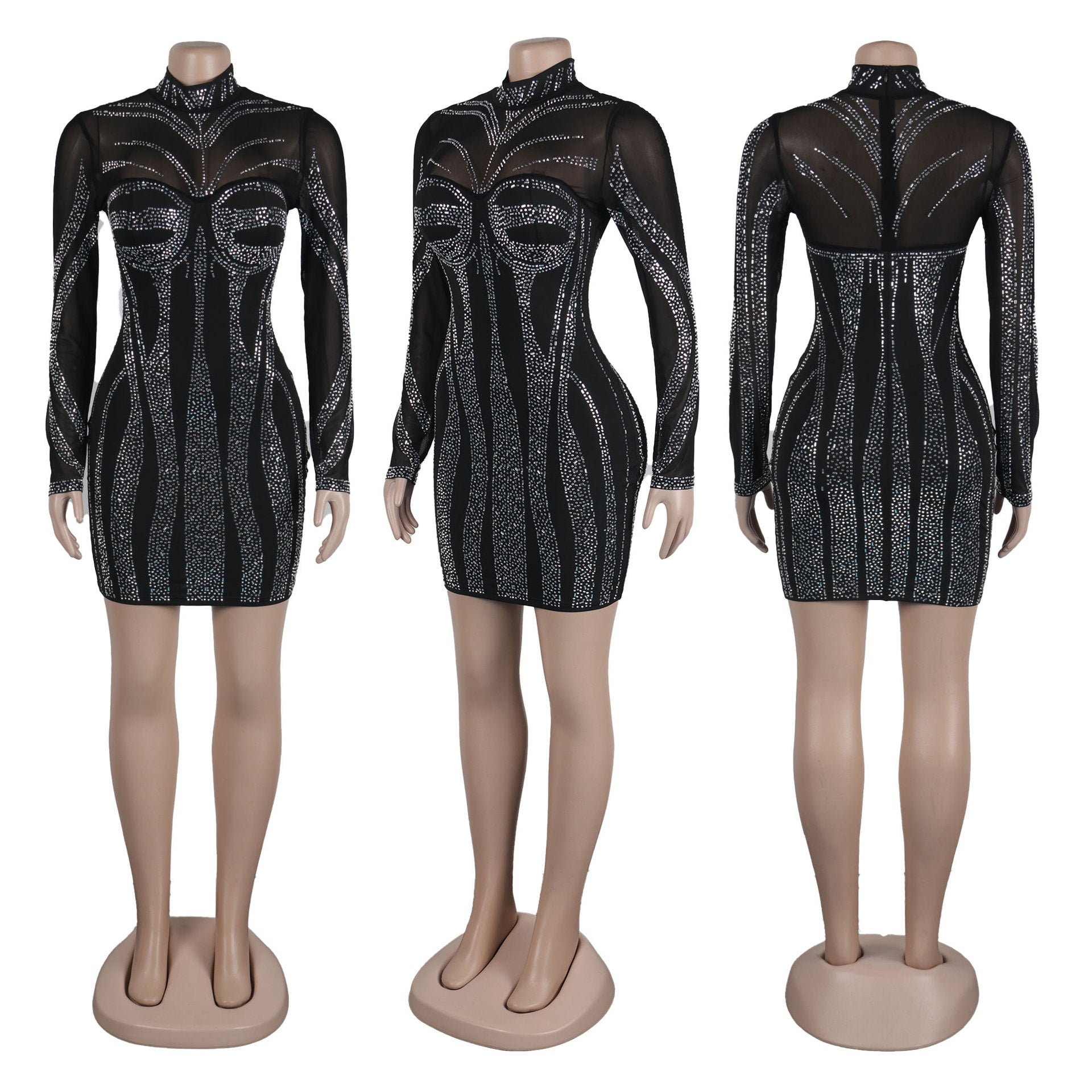 Sexy See-Through Beaded Mesh long sleeve Bodycon club dress 11