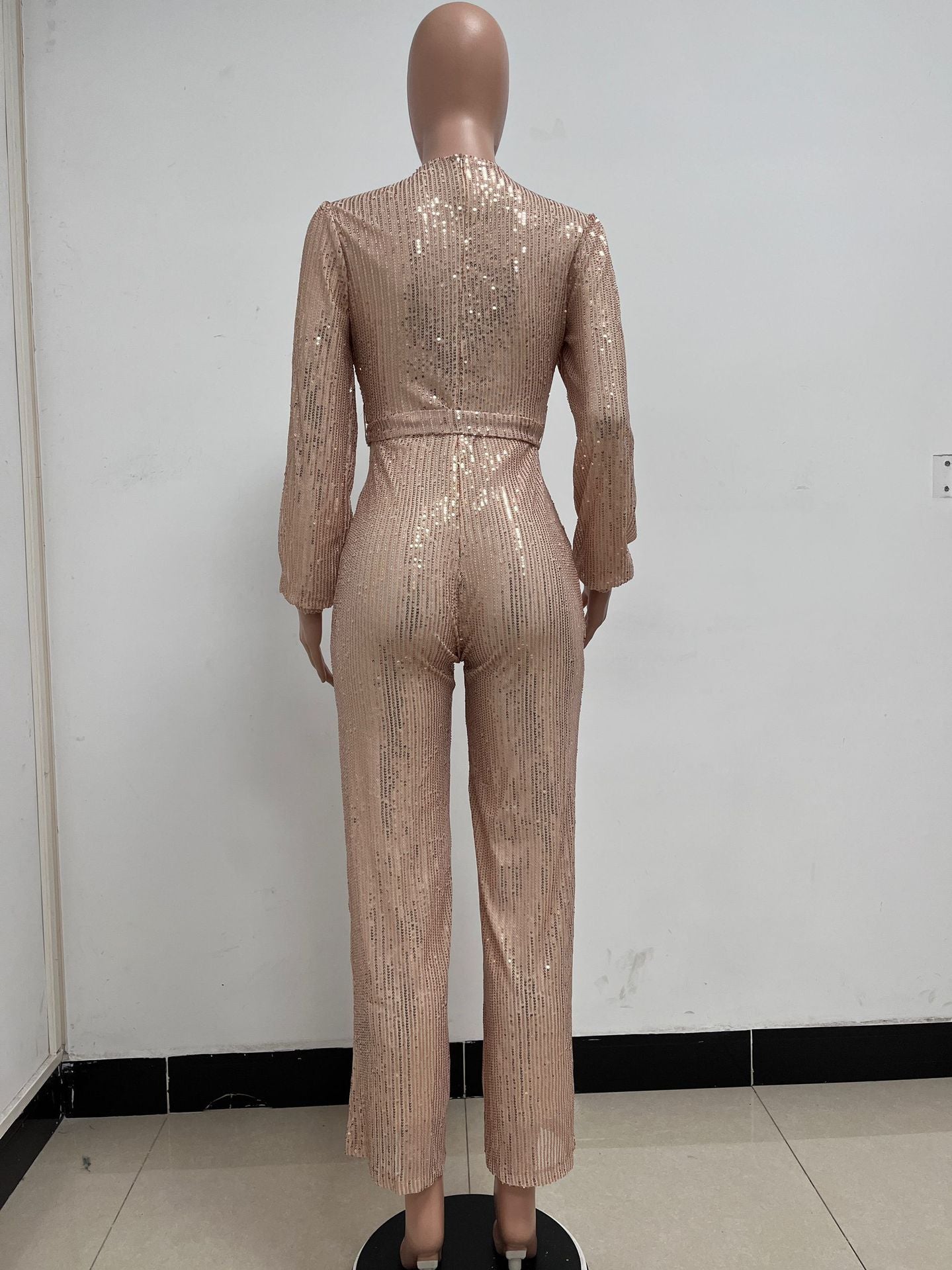Fashion Casual Long Sleeve Belt Sequin Jumpsuit Women's Clothing 39