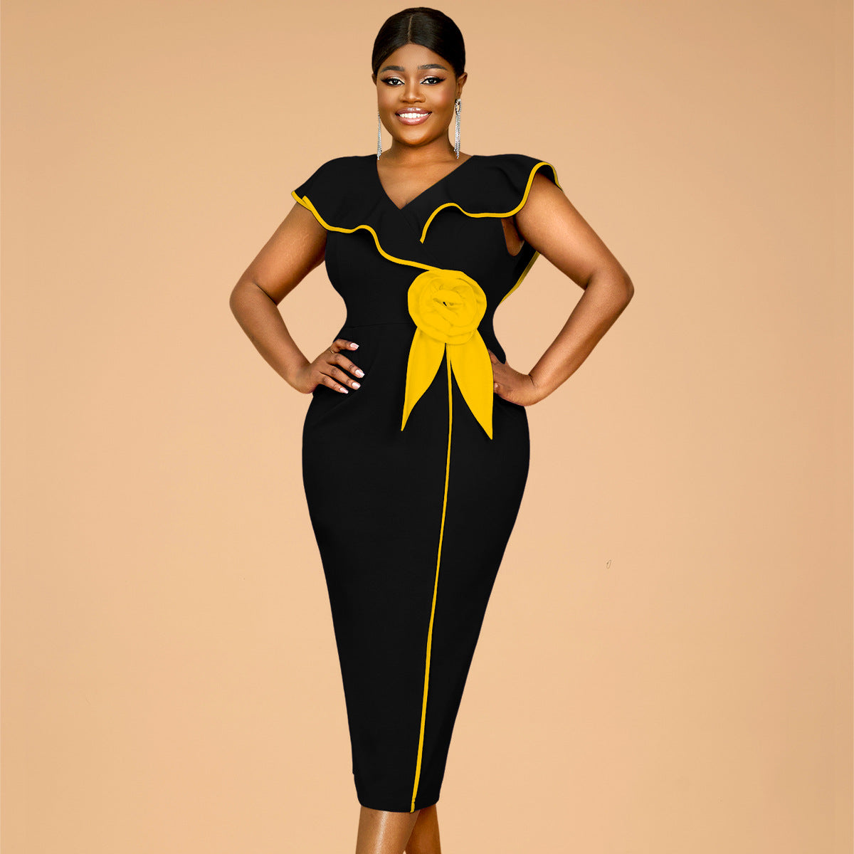 Plus-Size Contrast Flower Ruffle Sleeve Elegant Chic Formal Party Dress 33