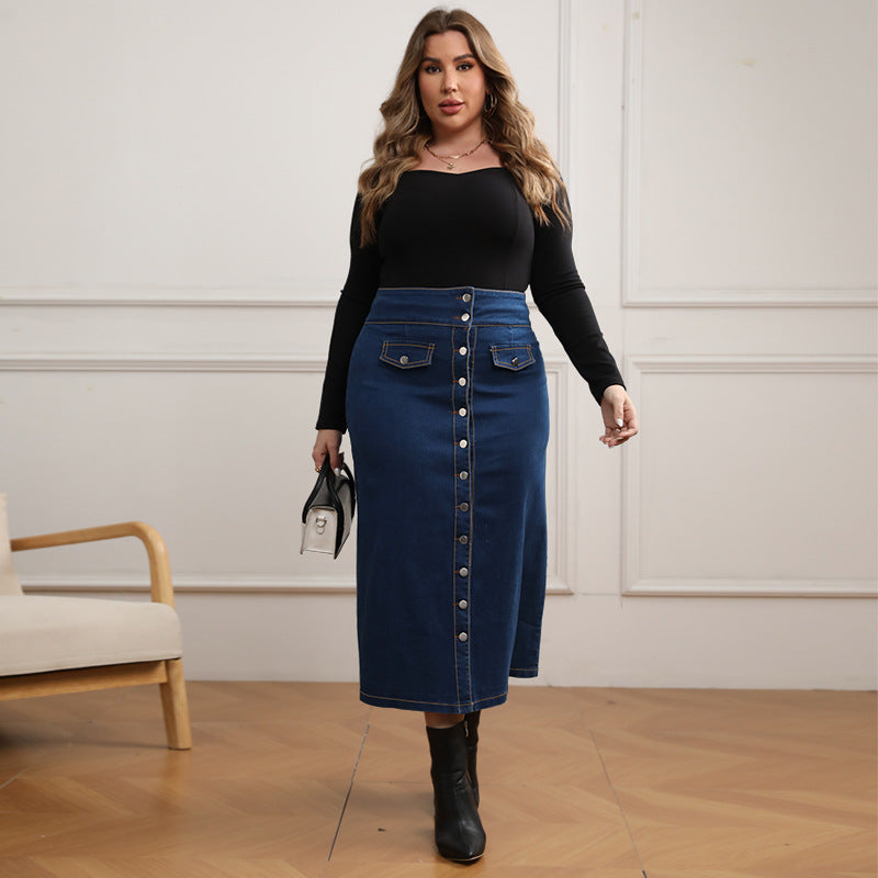 Plus Size Women Denim Button Fake Pocket Skirt 4