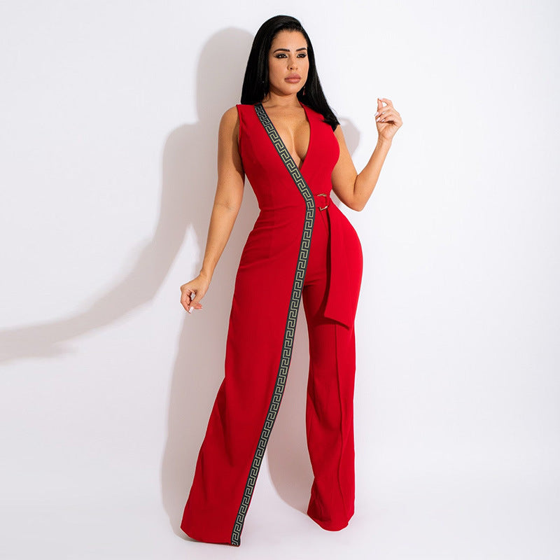 Spring Fashion Deep V Slim Jumpsuit With Belt 3