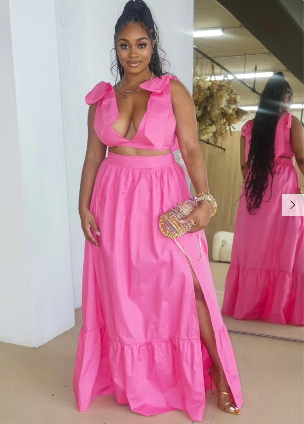 Women's Solid Color V-Neck Lace-Up Tank Top+Slit Long Skirt Two Piece Set