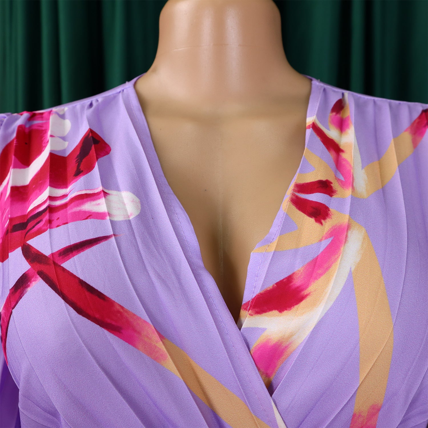 Women's V-Neck Long Sleeve Printed Pleated Chic Long Dress 14