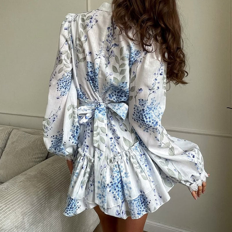 Women summer blue and white printed stand-collar puff sleeve long-sleeved ruffle dress 4