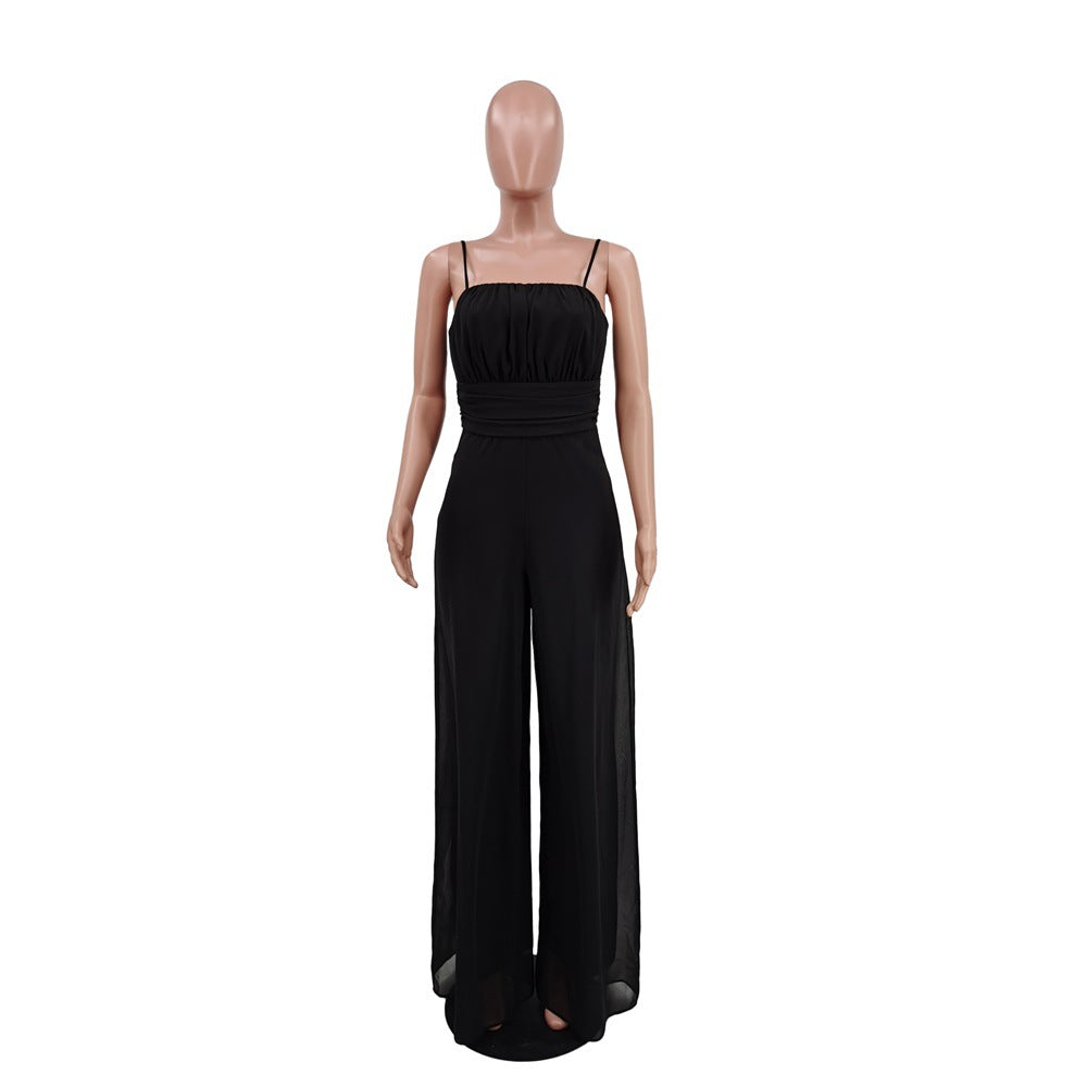 Summer Solid Color Chiffon Straps Slim Waist Wide Leg Women'S Jumpsuit 12