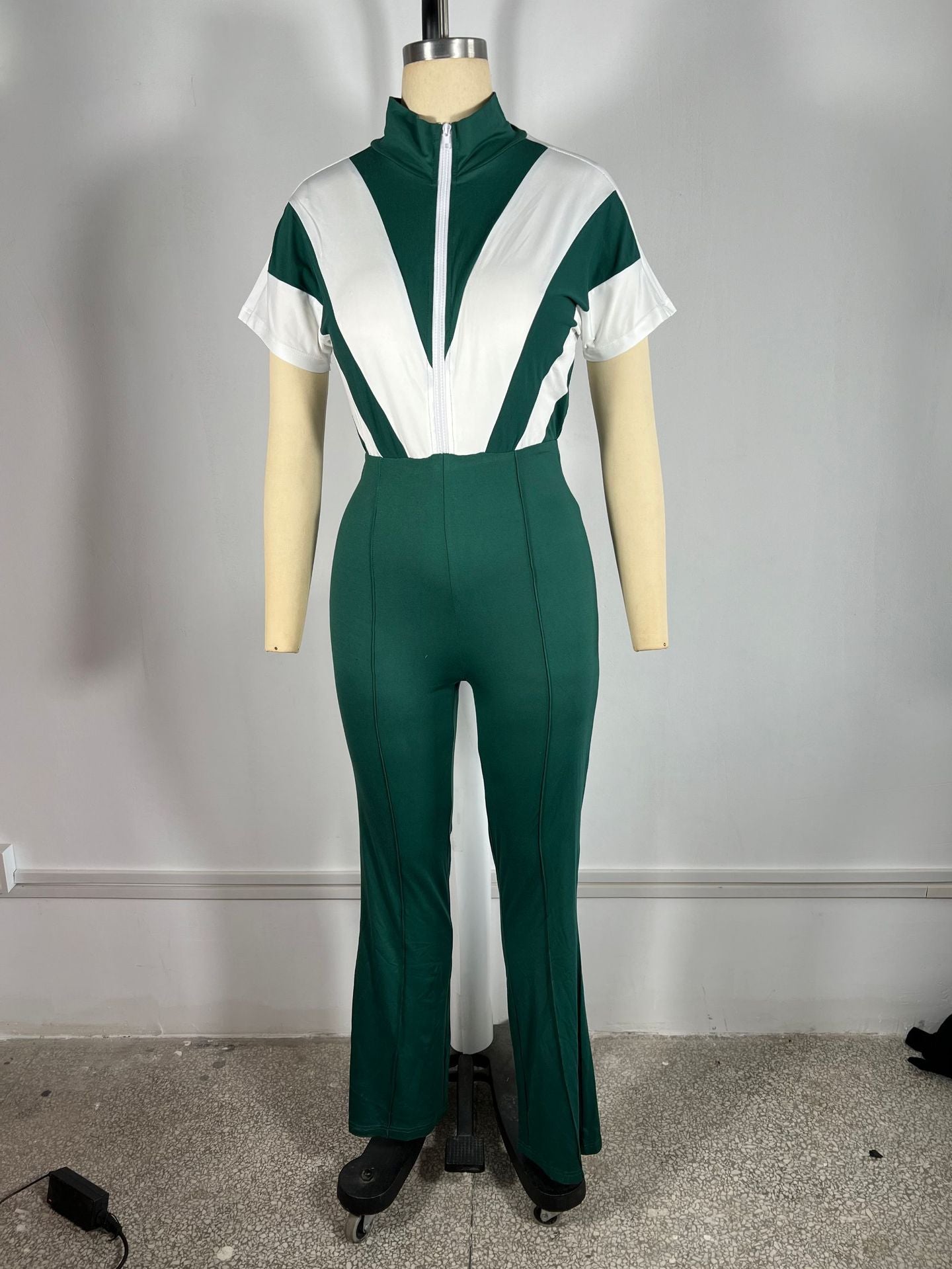 Women's turndown collar zipper patchwork bell bottom Jumpsuit 8