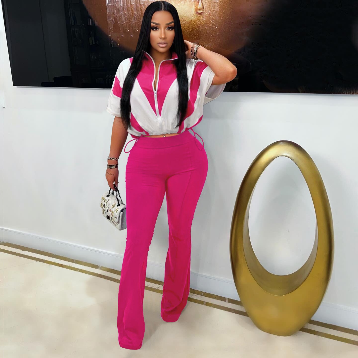 Casual Elastic Slim Waist Color Block Patchwork Sports Two Piece Pants Set for Women 6