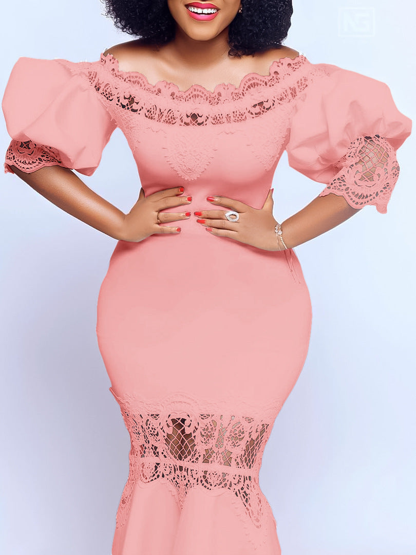 Women Off Shoulder Puff Sleeve Lace Patchwork Formal Party Mermaid Dress 8