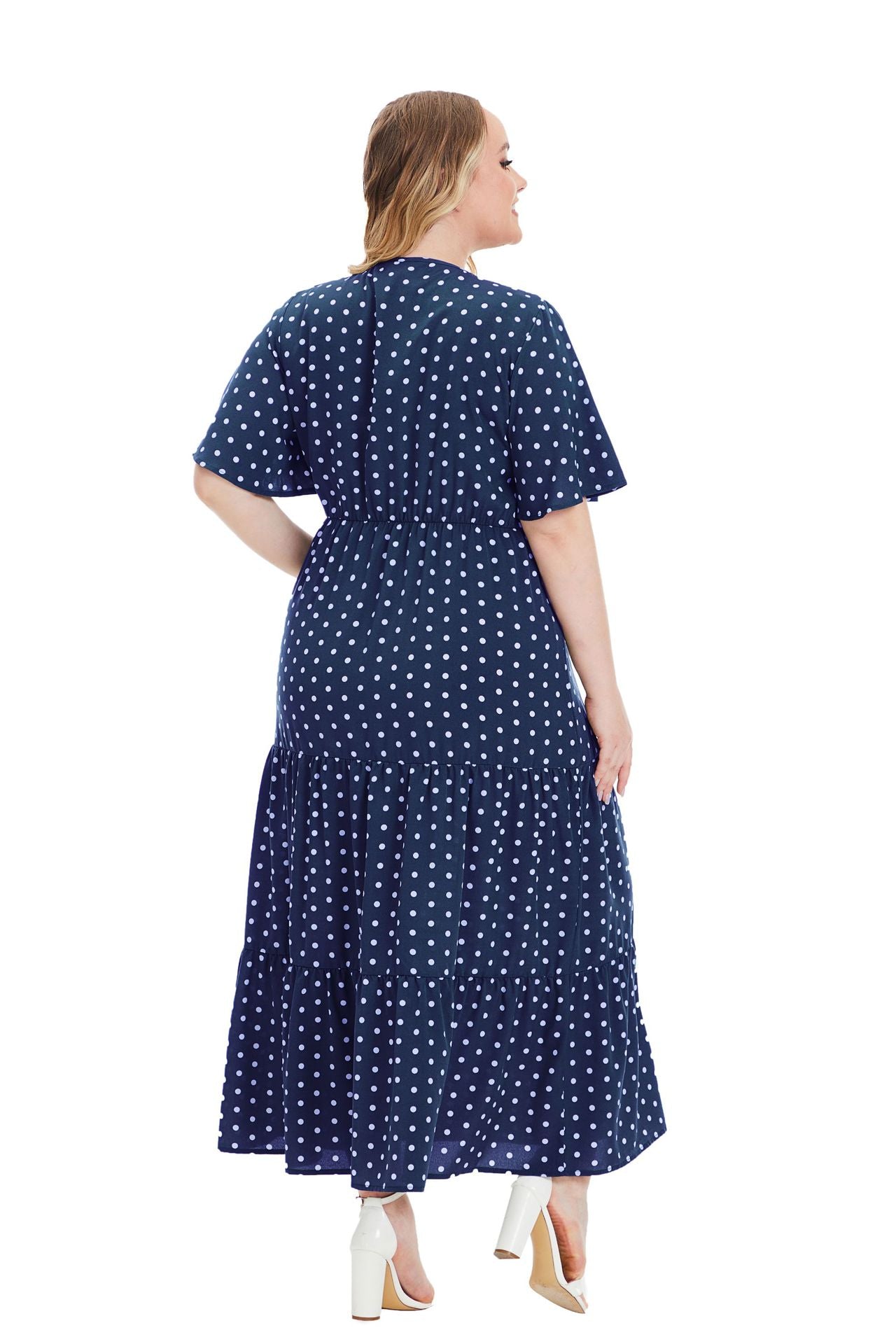 Plus Size Women Summer V Neck Polka Dot Short Sleeve Dress 13