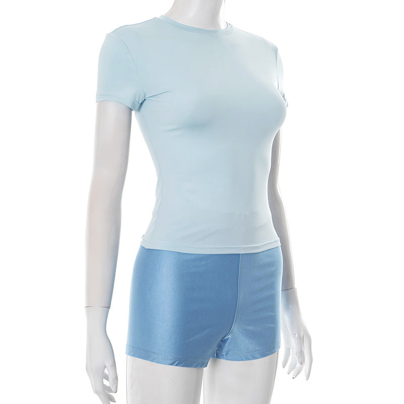 Women summer sexy Solid Round Neck short-sleeved T-shirt Top and shorts two-piece set 7