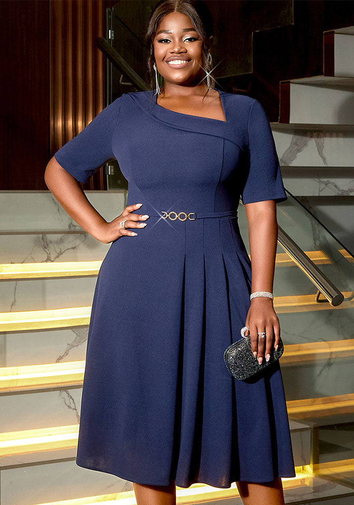 Plus Size Women asymmetric collar pleated Dress