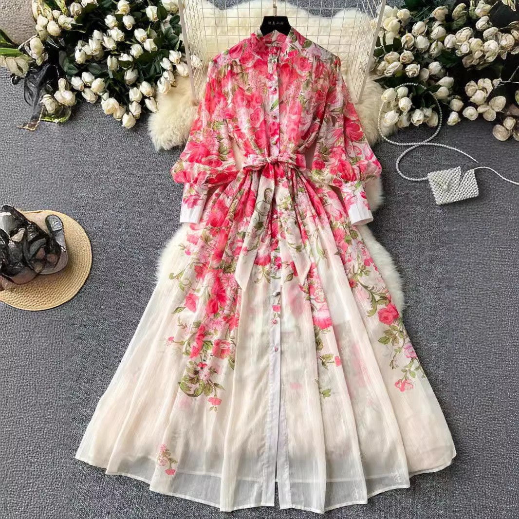 Printed Stand Collar Long-Sleeve Slim Waist Belt Chiffon Maxi Dress