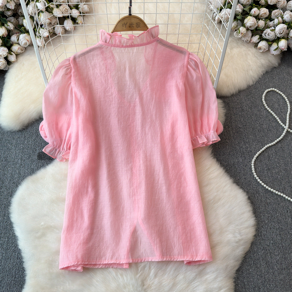 Women French Summer Short Sleeve Flower Mesh Shirt 17