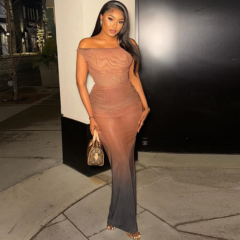 Women Elegant Gradient Colorblock Strapless Off Shoulder Dress 4