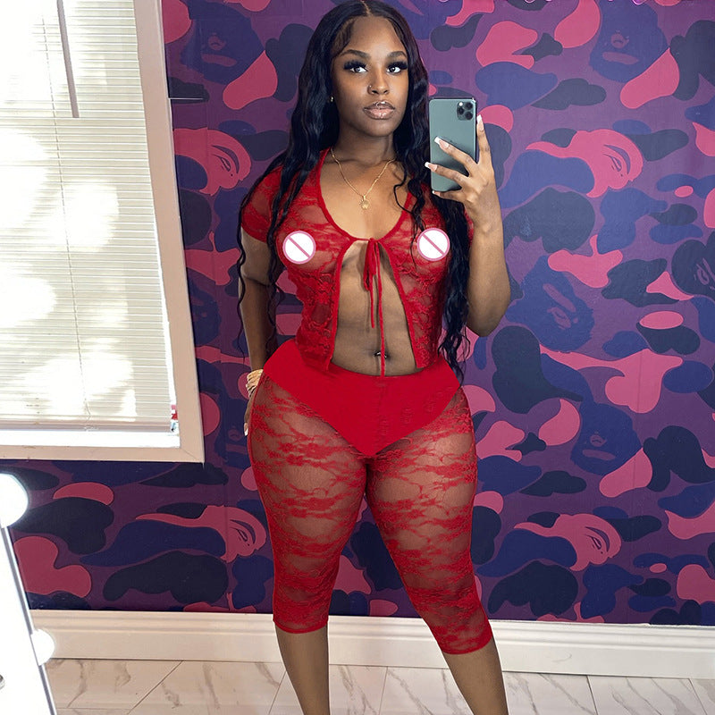 Women Sexy Lace Hollow Lace Short Sleeve Top Shorts Two-piece Set 3