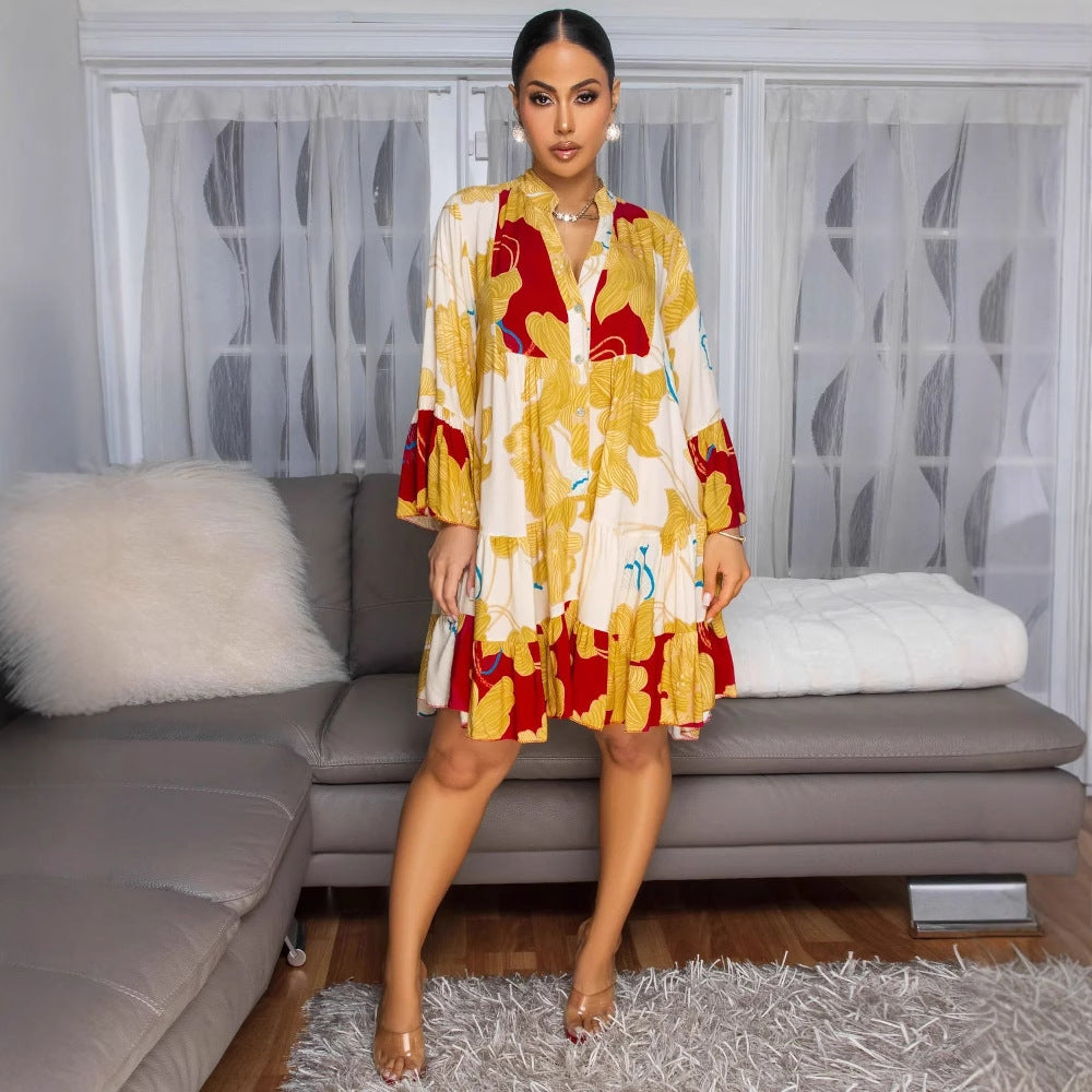 Women Elegant Floral Print V-Neck Patchwork Contrast Color Mini Dress 6