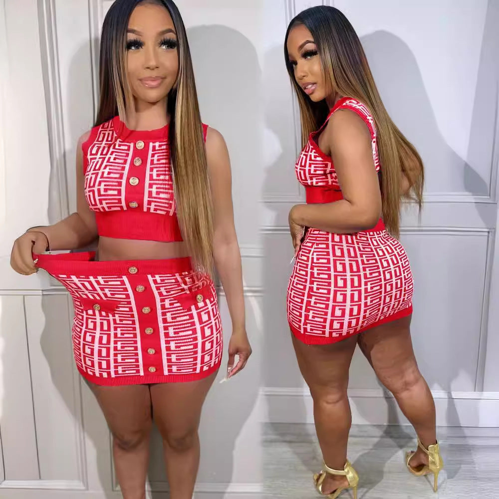 Women Casual Printed Round Neck Sleeveless Top and Mini Skirt Two-piece Set 8