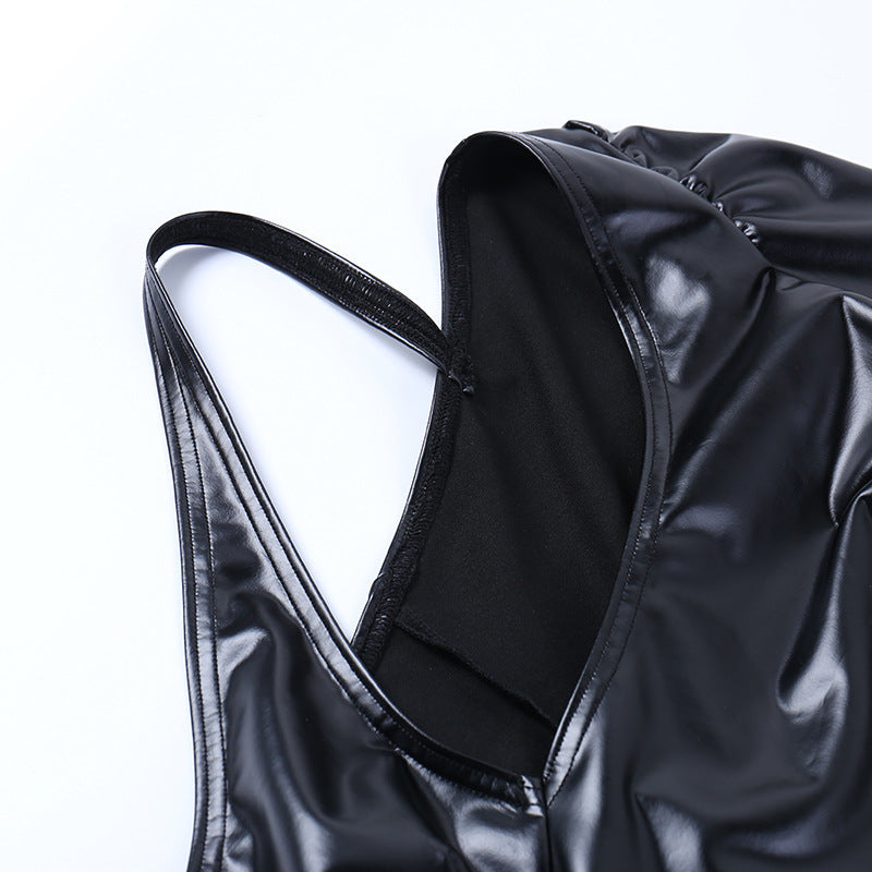 Women's Autumn And Winter Pu Leather Slash Shoulder Single Long Sleeve Sexy Slim Bodycon Women's Fashion Chic Dress 10