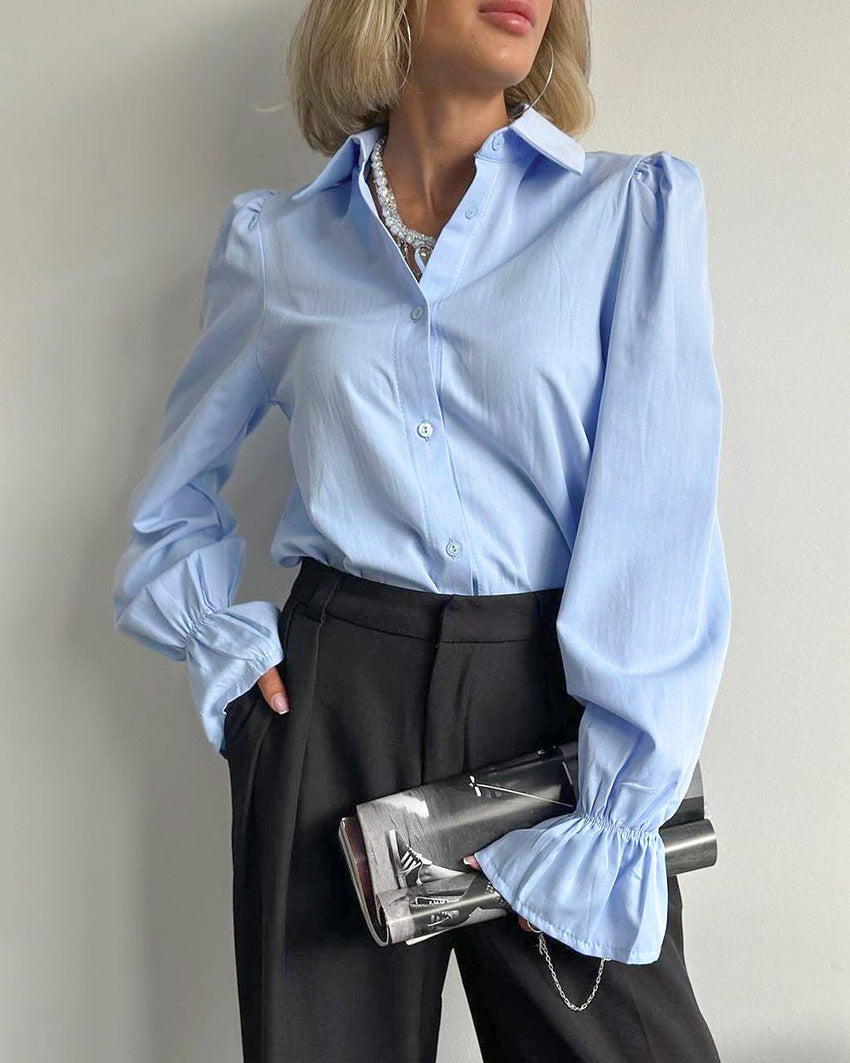 Women autumn and winter blue Turndown Collar Bell Bottom sleeve Shirts