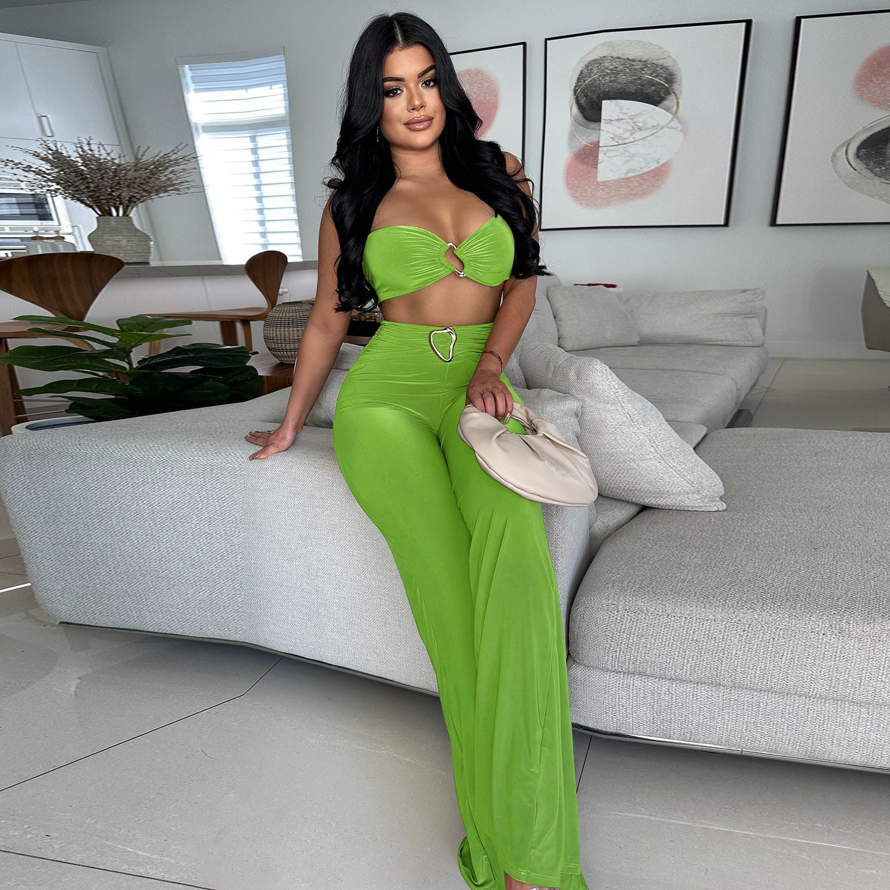 Women Summer Decorative Button Solid Sexy Halter Neck Top and Long Skirt Two-Piece Set 10