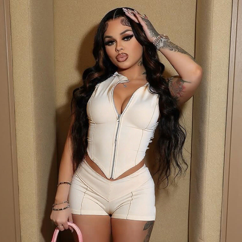 Spring Summer Women's Zipper Turndown Collar Sleeveless Crop Top High Waist Tight Shorts Two Piece Set 4