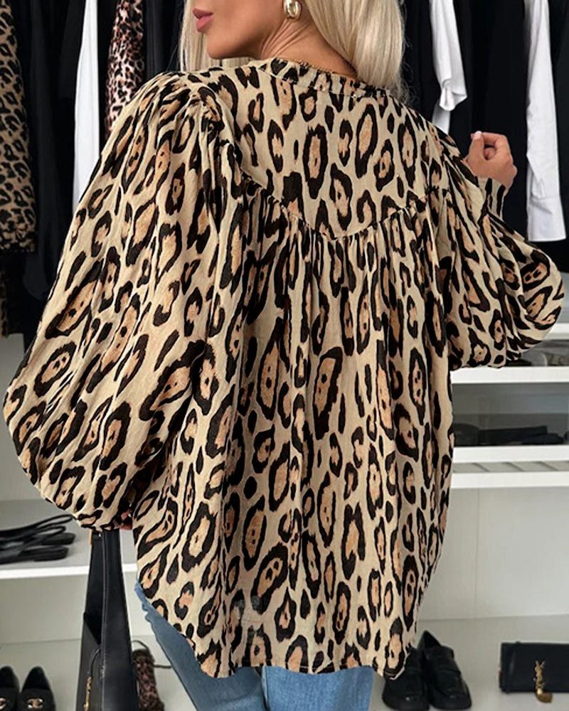 Women sexy solid leopard print casual v-neck shirt