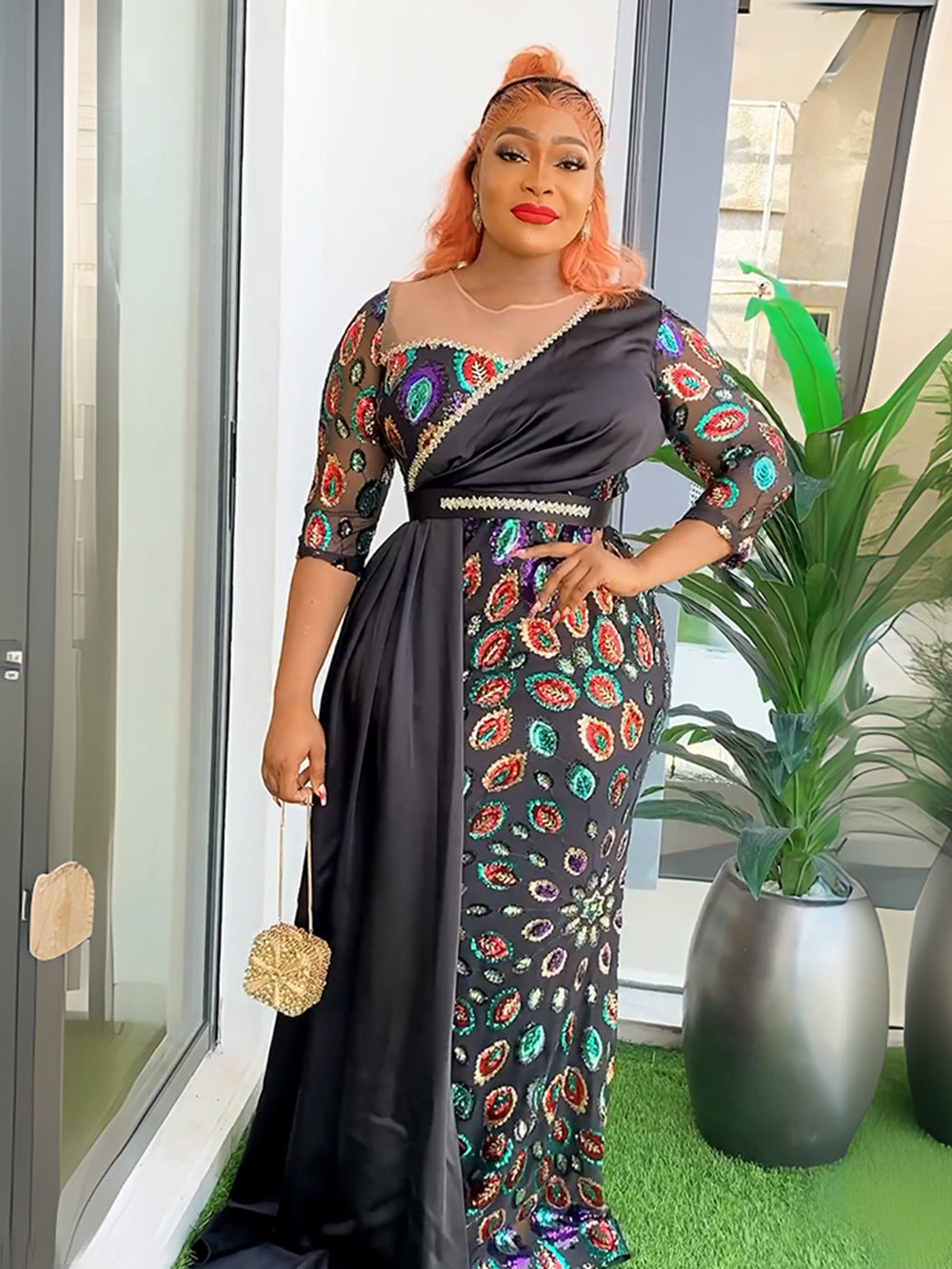 Patchwork Contrast African Women's Plus Size High Waist Sequin Long Dress 7