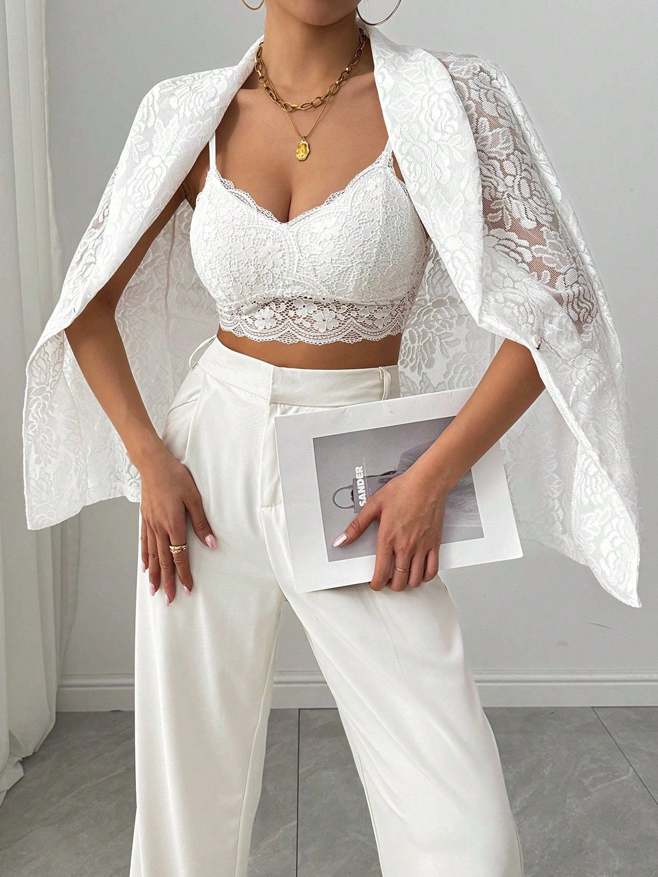 Spring/Summer Women's Fashion Lace Embroidery White Casual Blazer Jacket 4