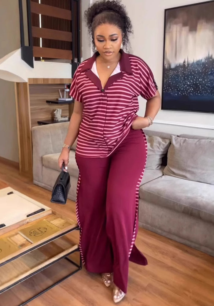 Fashion Casual Summer Short Sleeve Striped Print Two-piece Pants Set