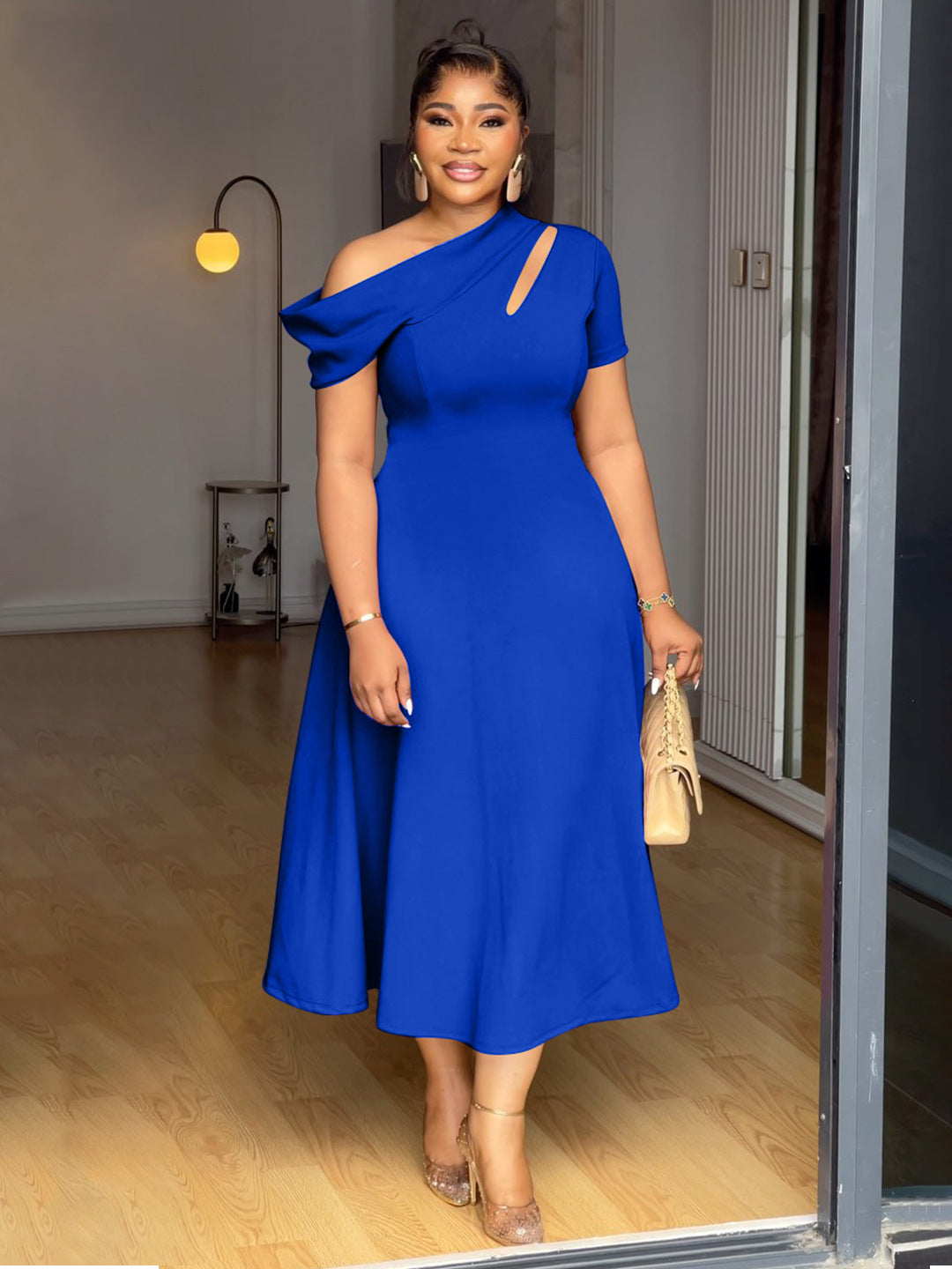 Summer Fashion Women's Slash Shoulder Cut-Out Solid Slim Waist Long Dress 5