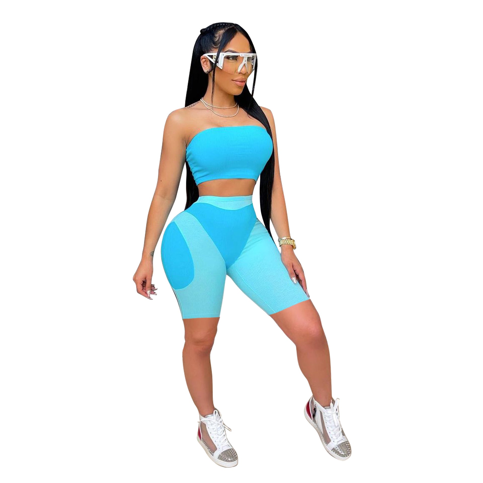 Women's summer fashionable color matching tight fitting strapless two-piece shorts set 11