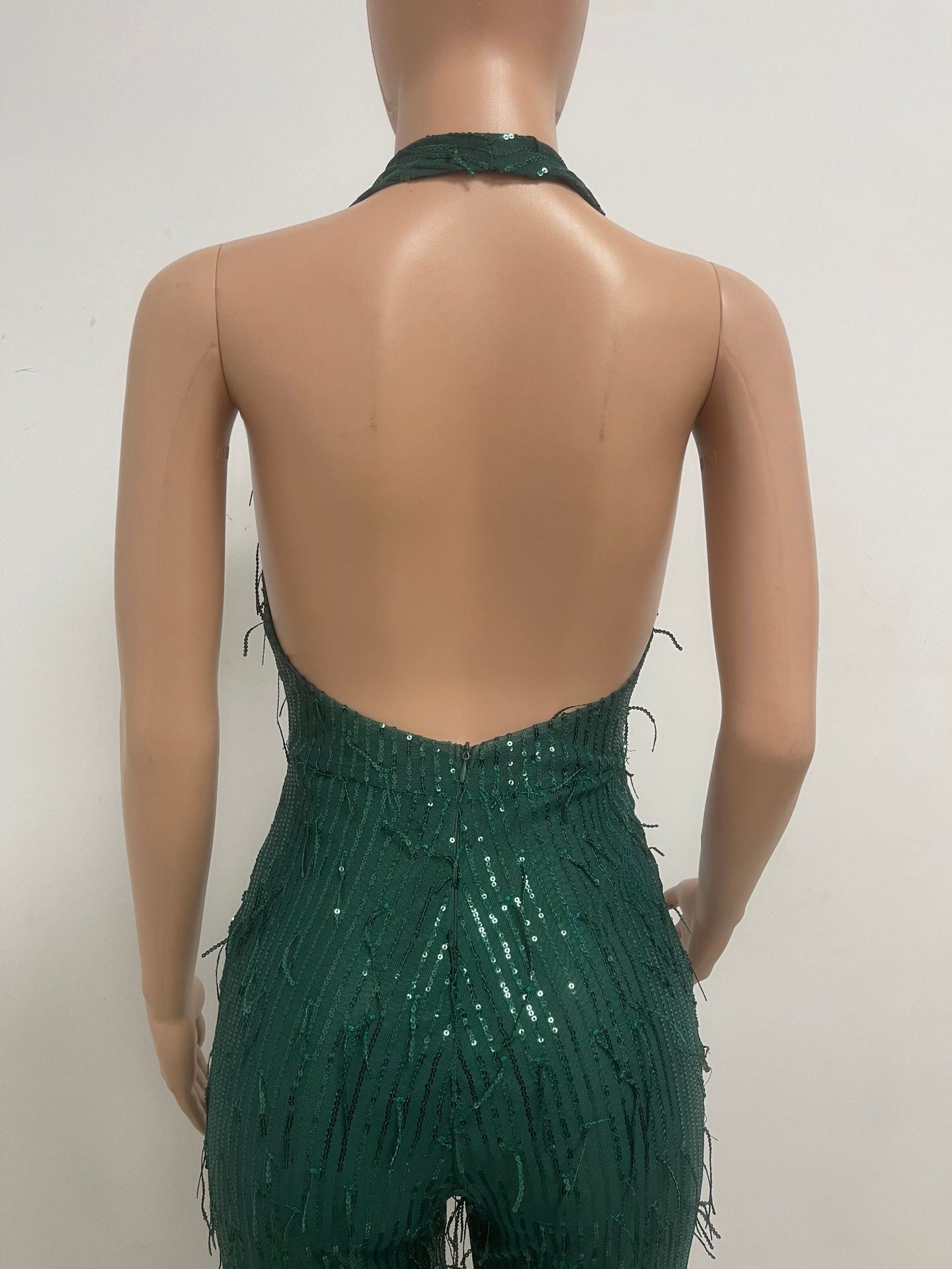 Women's Sleeveless Deep V Halter Neck Low Back Sequin Jumpsuit T 24