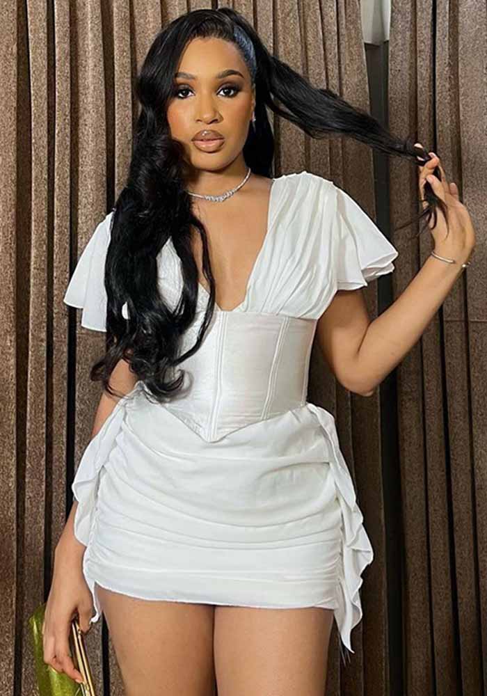 Women Summer V-Neck Short Sleeve Patchwork Pleated Mini Dress