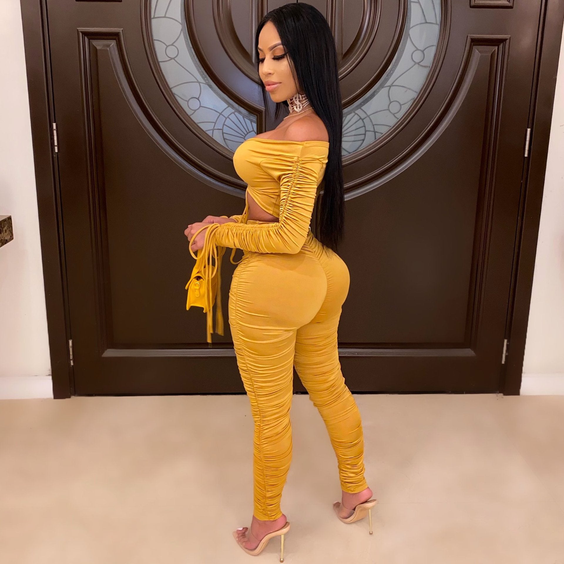 Sexy Women's Fashion Ruched Off Shoulder Solid Sexy Casual Two Piece Pants Set 13