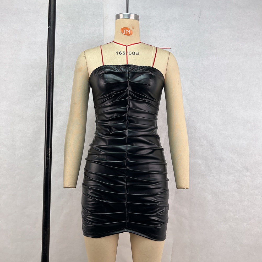 Women's Autumn And Winter Fashion Sexy Strapless Slim Waist Bodycon Pu Leather Pleated Dress 8
