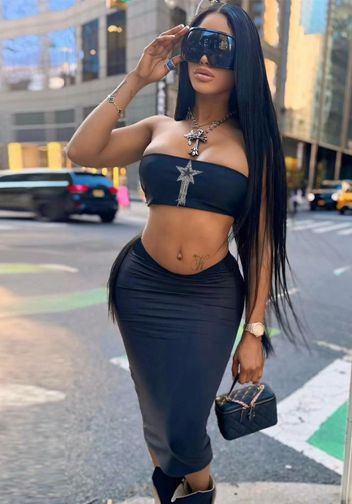 Women summer crop backless Beaded Strapless Top and Skirt Two-piece Set