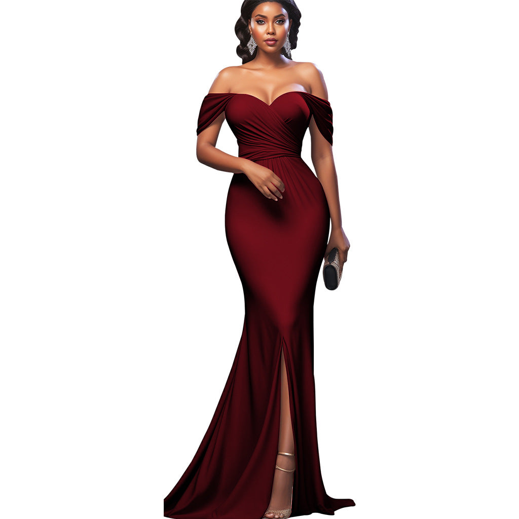 Women Sexy Solid Off-shoulder Evening Dress 8