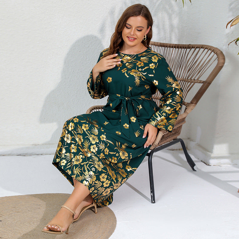 Plus Size Women Ethnic Loose Shiny Printed Long Sleeve Maxi Dress 5