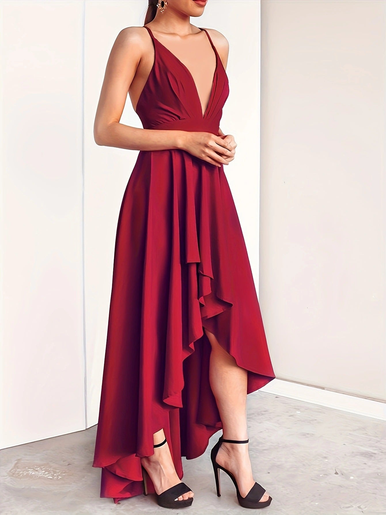 Women Solid Suspender V-neck Backless Irregular Strap Dress 7