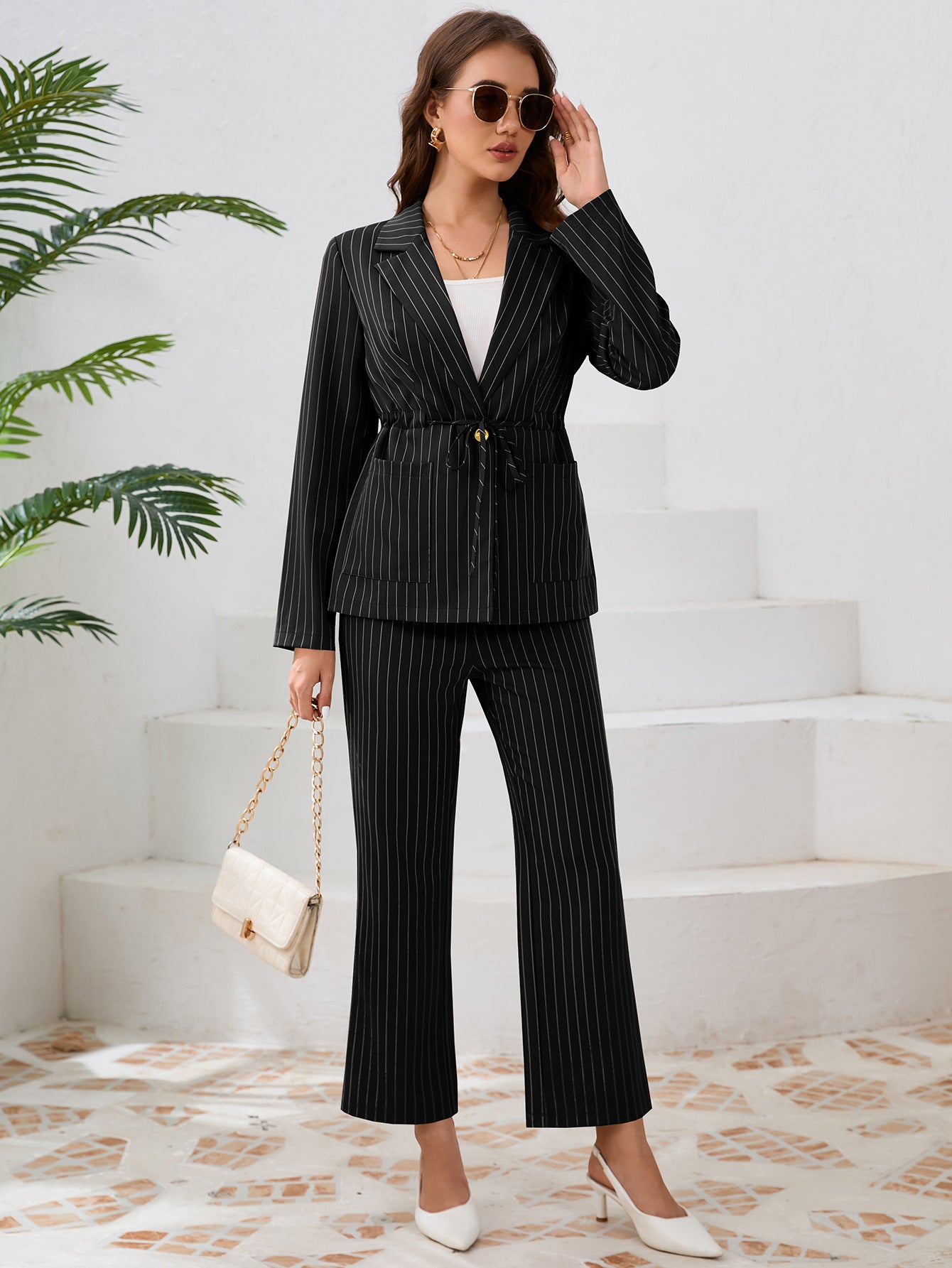 Casual Stripe Turndown Collar Strap Blazer Jacket Straight Pants suits Women's two-piece set 6