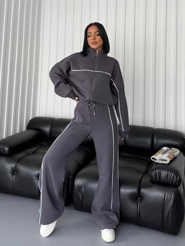 Casual Tracksuit Long Sleeve Turtleneck Zipper Long Sleeve Sports Top Striped Trousers 16