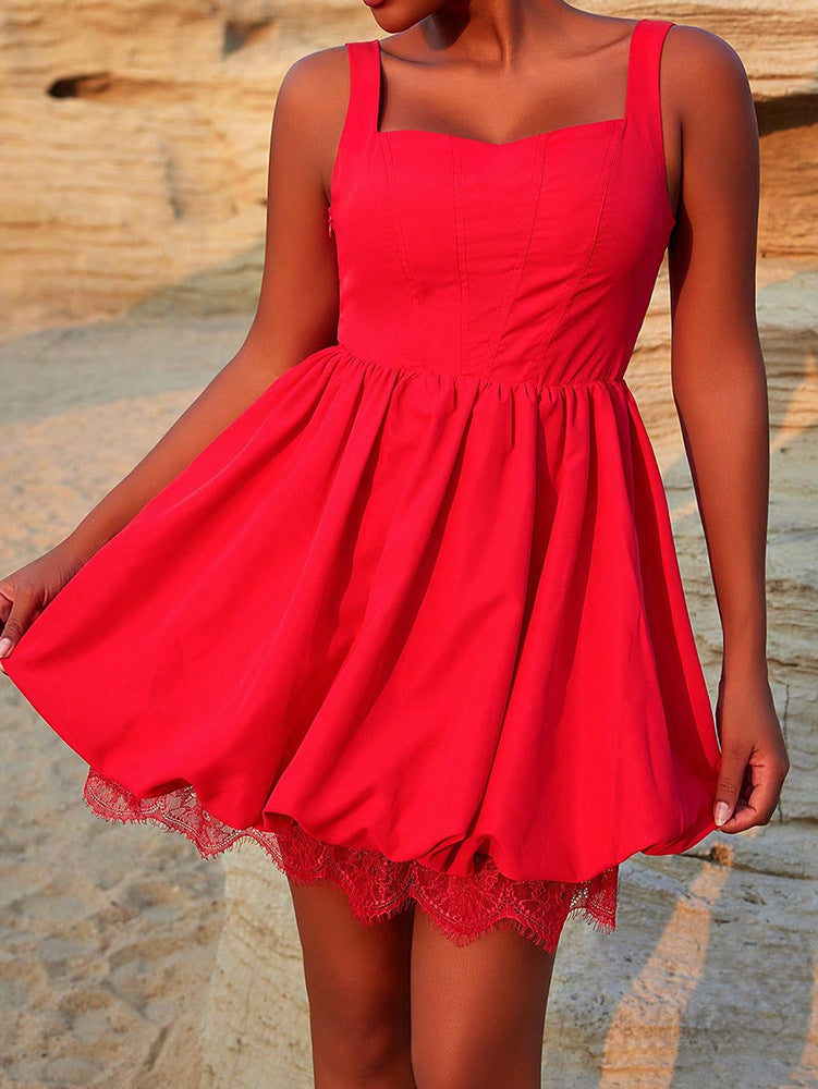 Women sexy suspenders red lace summer Backless Formal Party Dress 8