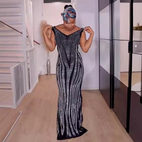 Women Beaded V-neck Sleeveless Elastic Bodycon Maxi Dress 4