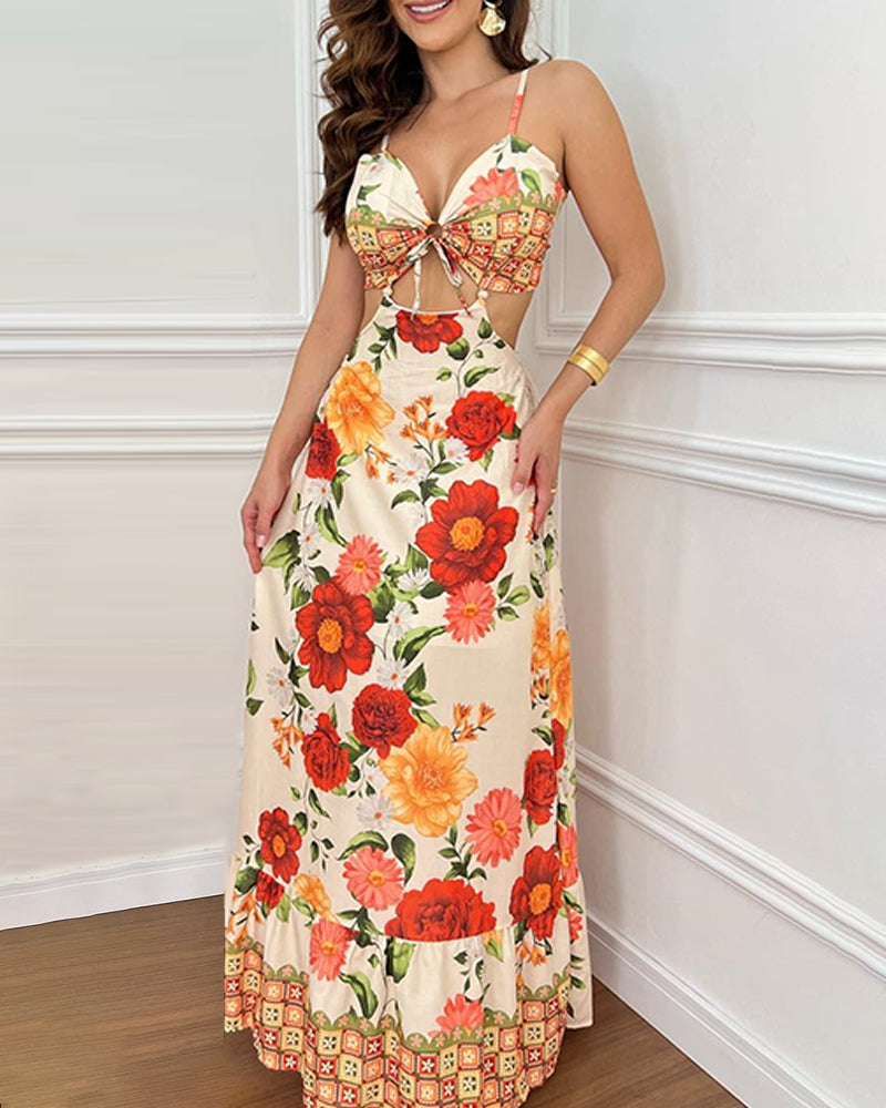 Floral Holiday Print Sexy Open Waist Strap Long Dress 9