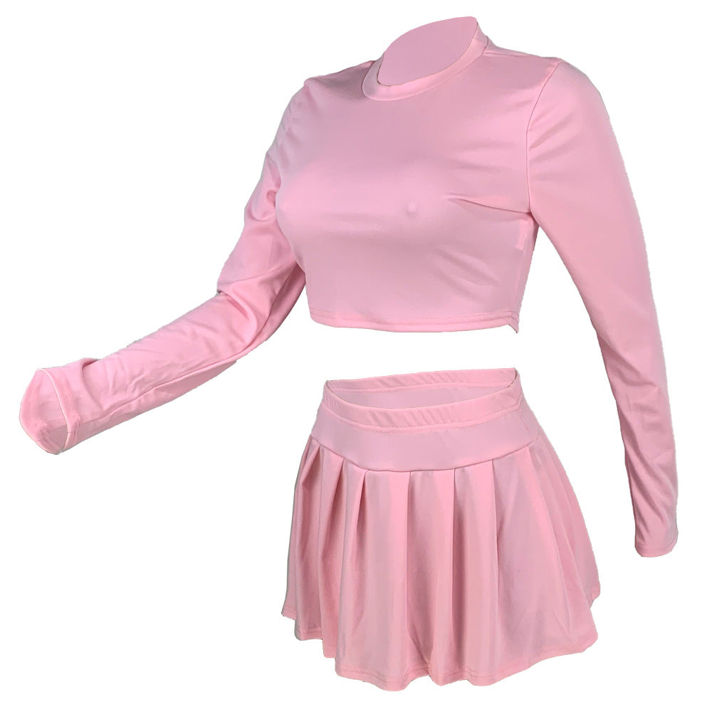 Women's fashion solid color Round Neck Crop slim long-sleeved top pleated short skirt two-piece set 19
